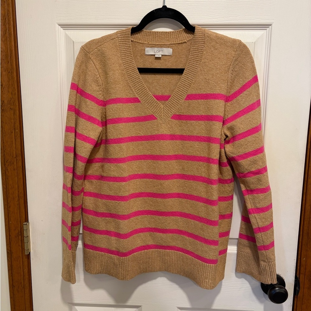 LOFT V-Neck Sweater in Tan and Pink Stripes